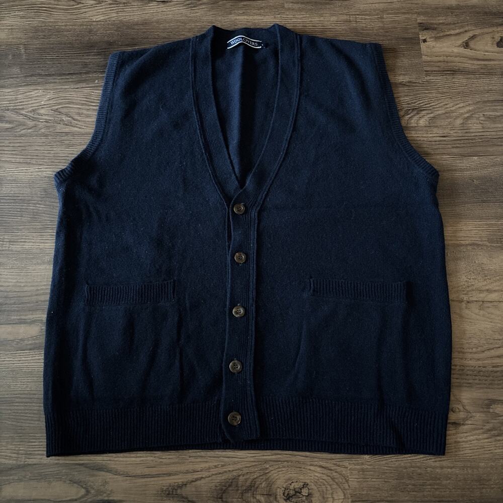 Woolovers Men's 100% Wool Button Cardigan Sweater Vest Navy Blue Sz XL Pockets